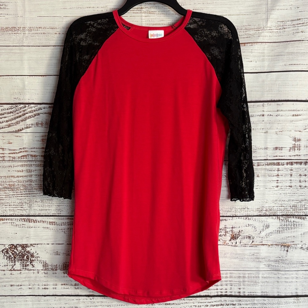 LuLaRoe Red Randy Top with Black Lace Sleeves